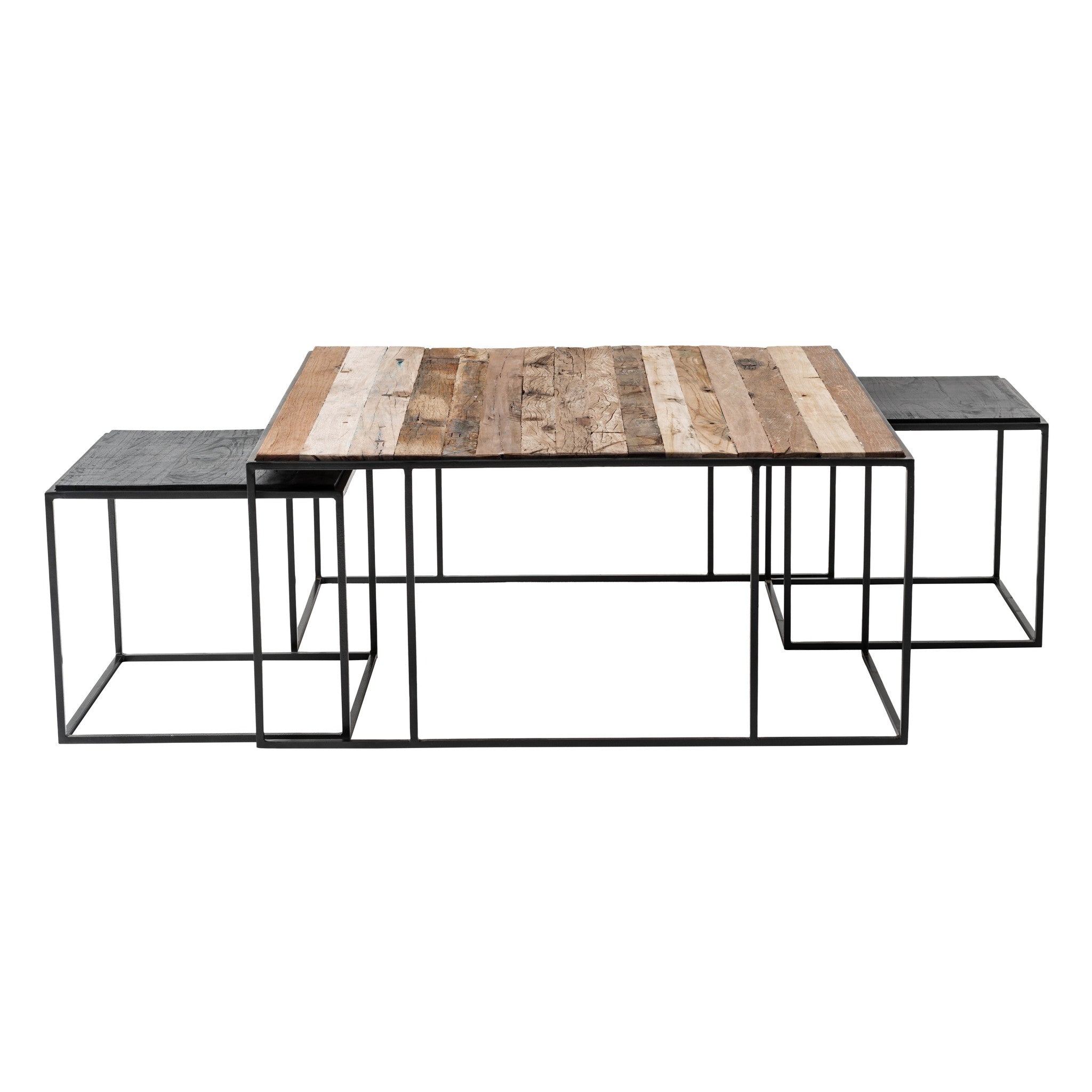 Set of Three 39" Oak And Black Solid Wood And Iron with Iron Square Nested Coffee Tables