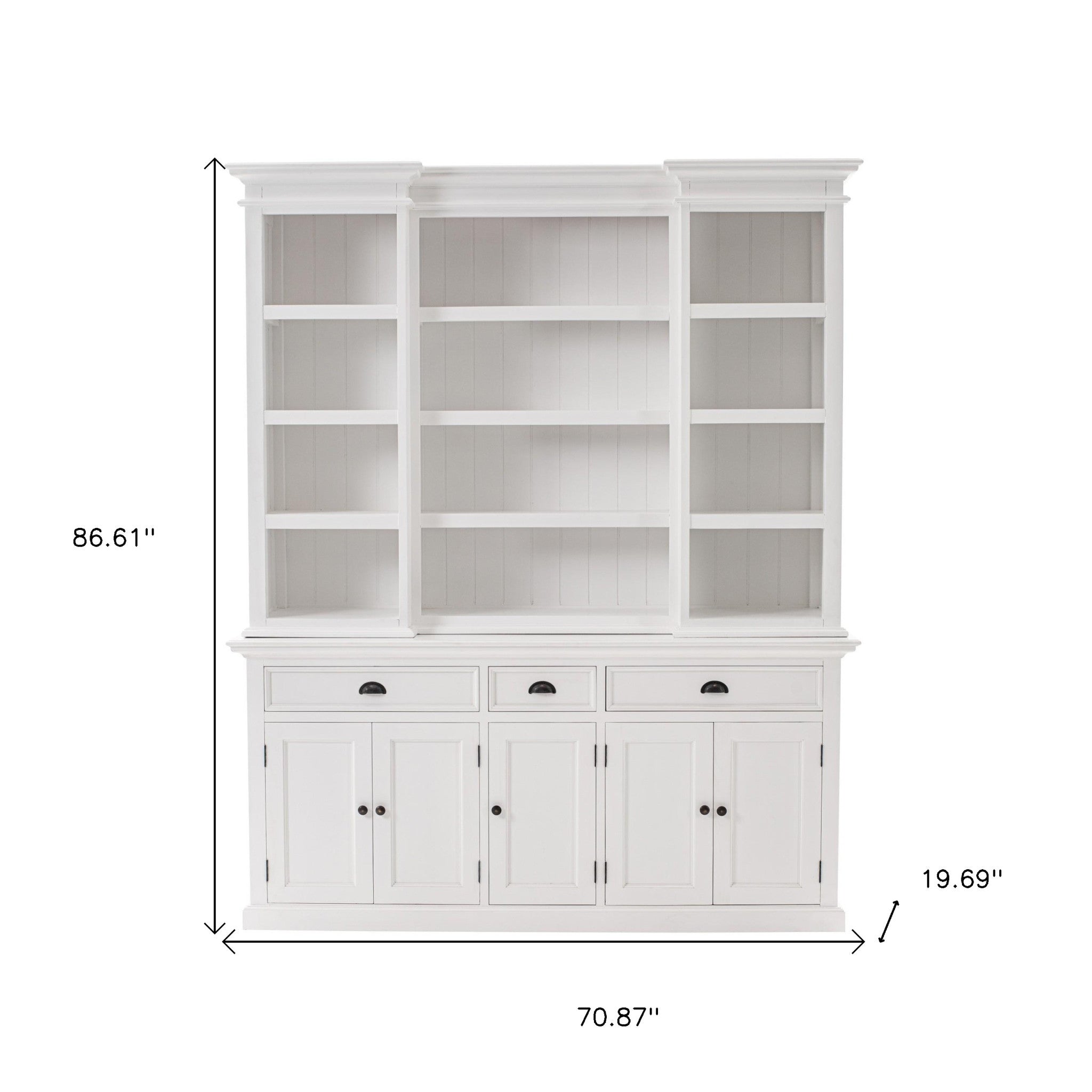 71" White Dining Hutch With Twelve Shelves And Three Drawers