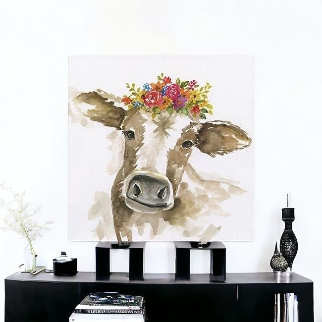 Watercolor Floral Cow Unframed Print Wall Art