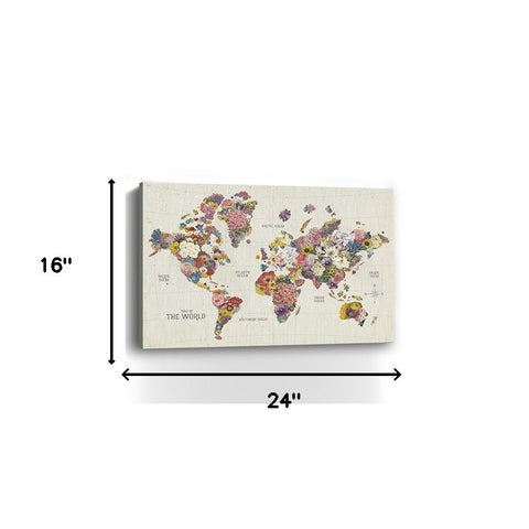 24" x 16" Fun Floral Map of the World Canvas Wall Art