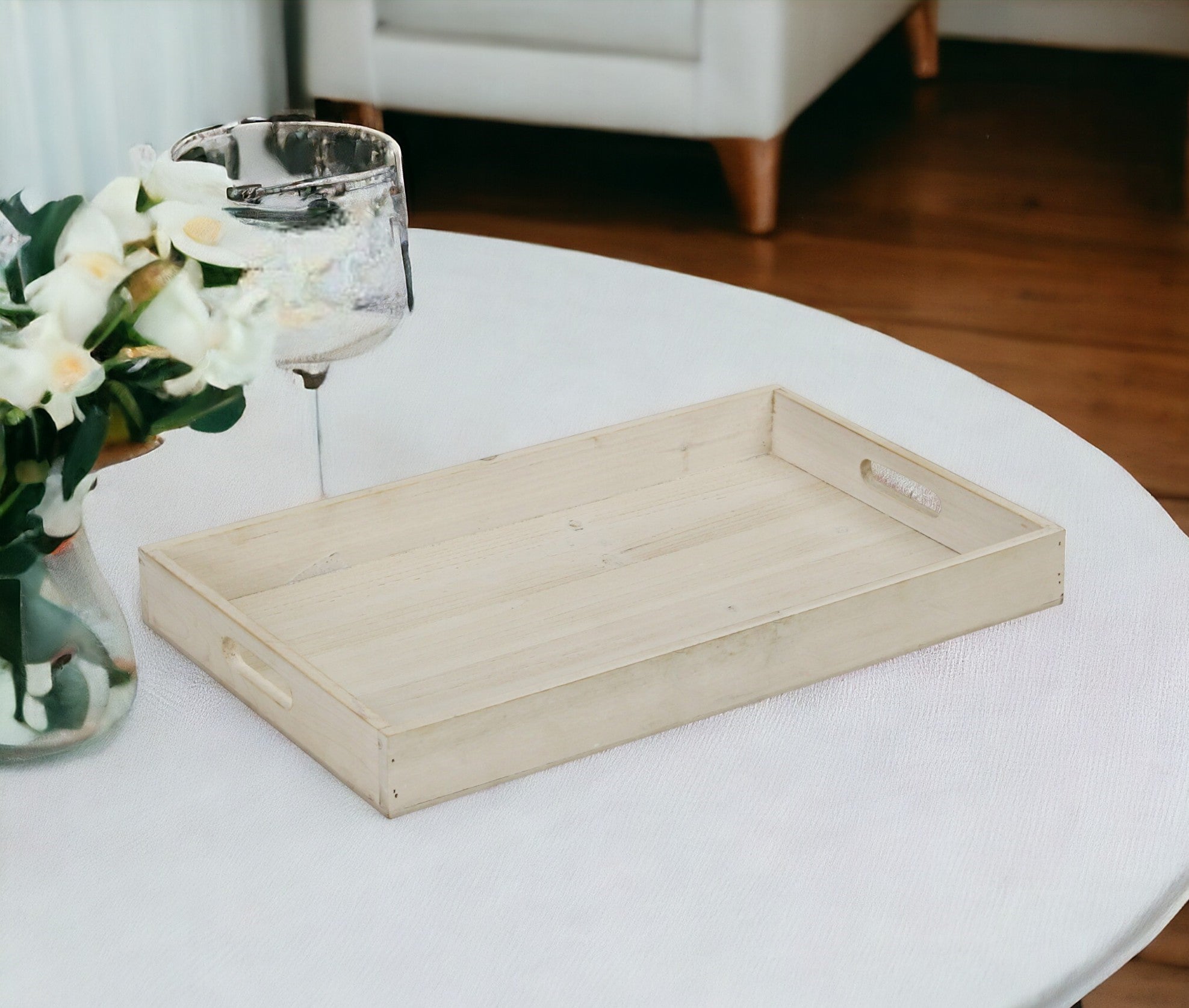 20" White Wash Minimalist Wood Tray With Handles