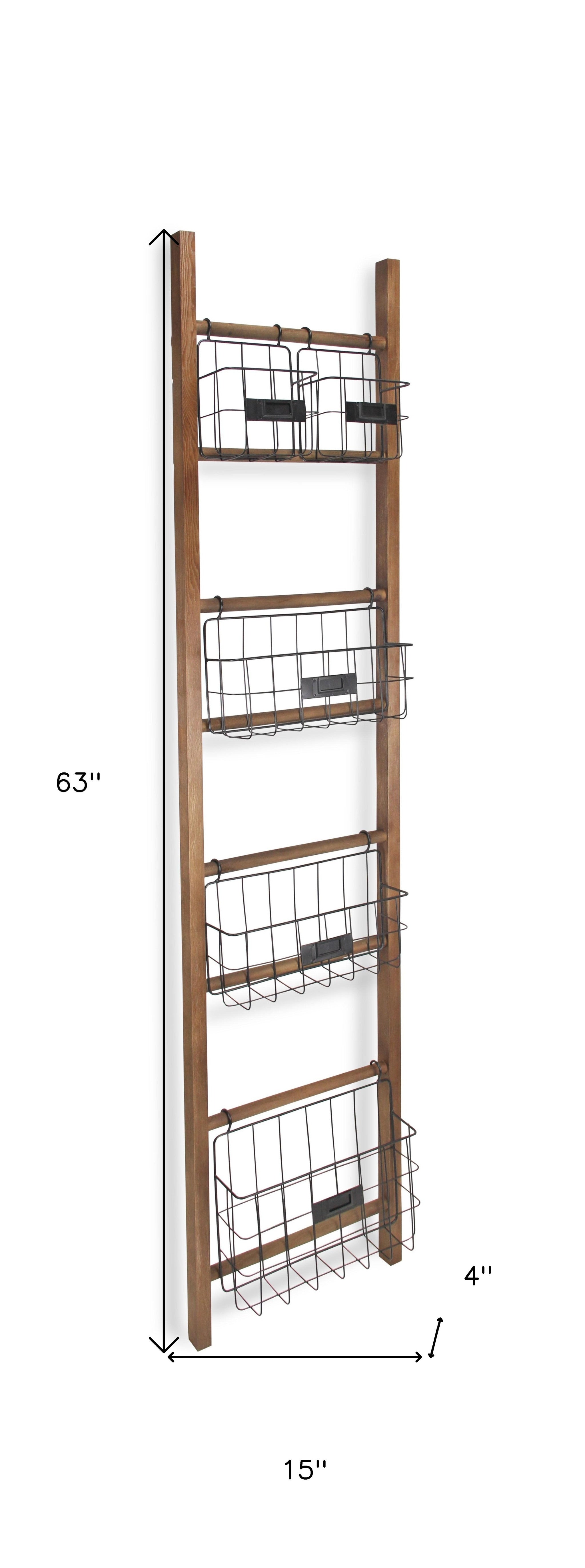 Natural Wood Storage Shelf with 5 Baskets