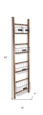 Natural Wood Storage Shelf with 5 Baskets