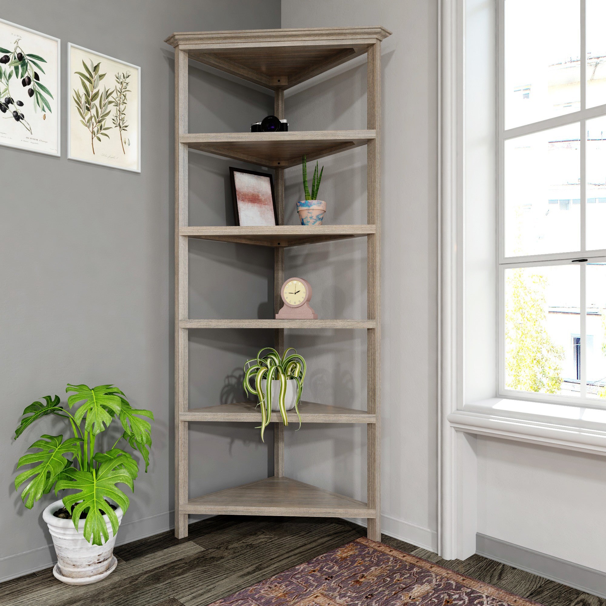 75" Gray Solid Wood Five Tier Standard Bookcase