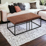 46" Brown And Black Faux Leather And Metal Coffee Table