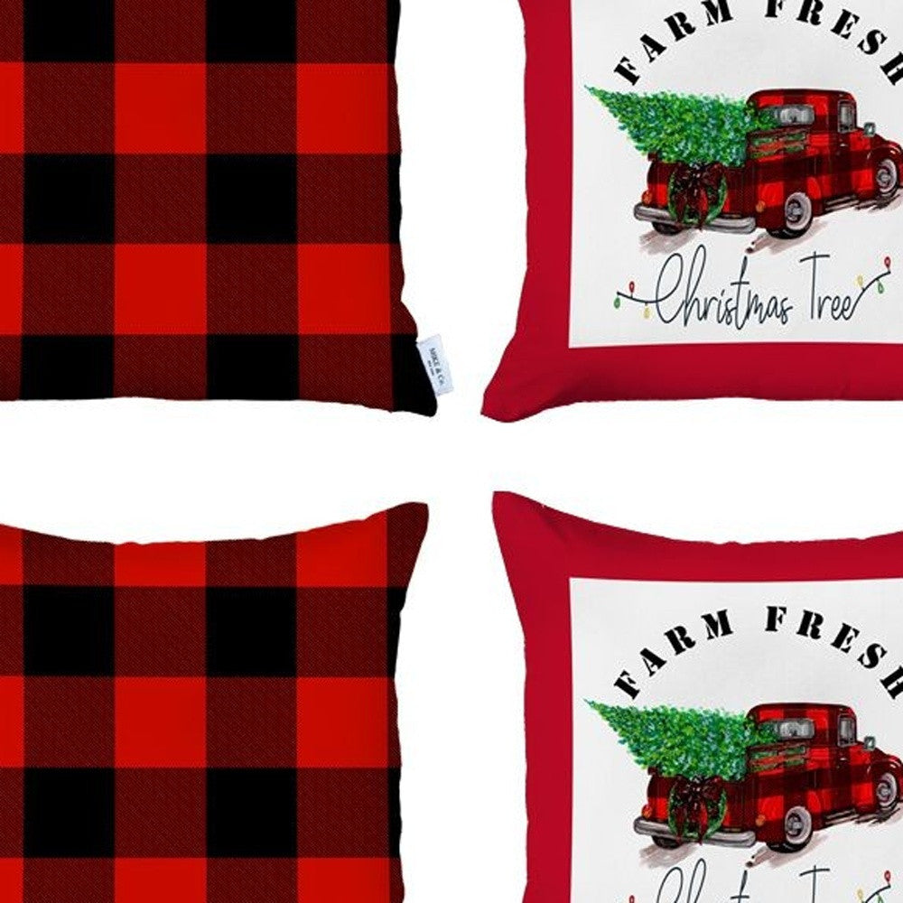 Set of 4 Red Plaid and Red Truck Throw Pillows