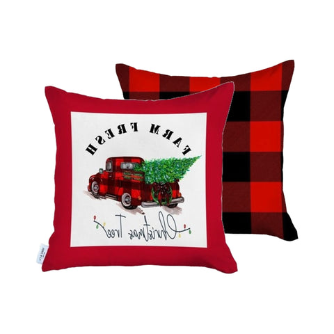 Set of 2 Red Plaid and Red Truck Throw Pillow Covers