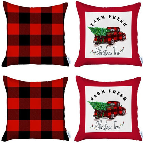 Set Of Four 18 X 18 Red And Black Plaid Zippered Polyester Christmas Tree Throw Pillow Cover