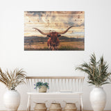 Longhorn Cow in Field Wood Plank Wall Art