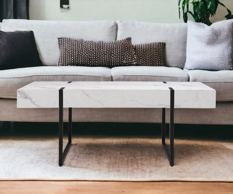 43" White Faux Marble And Metal Rectangular Coffee Table