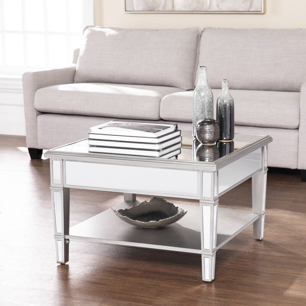 29" Silver Mirrored Glass Square Coffee Table