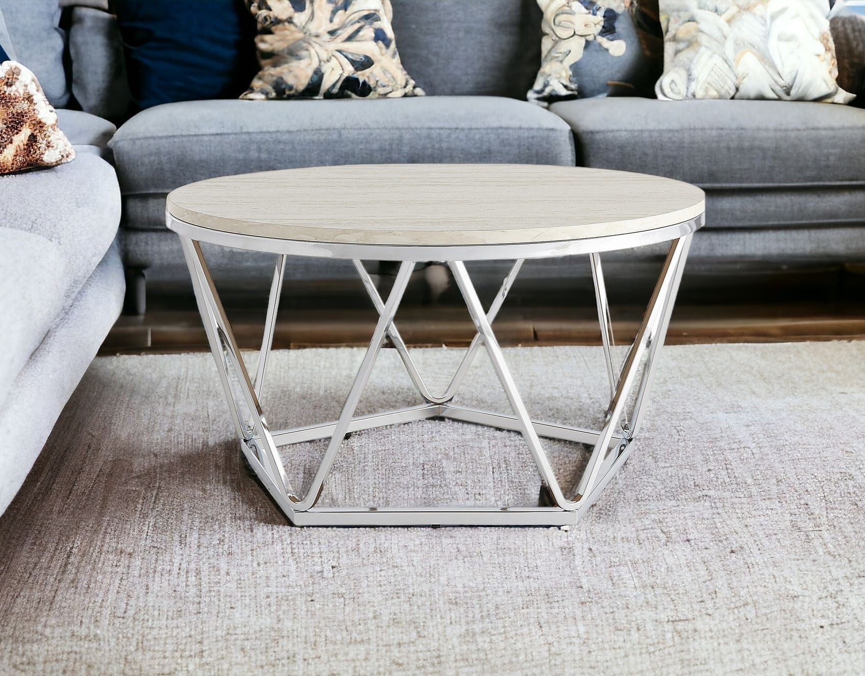 33" Silver Manufactured Wood And Metal Round Coffee Table