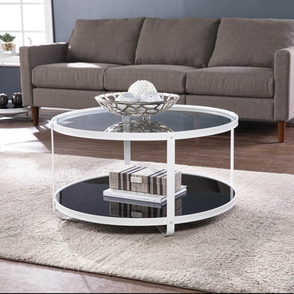 32" White Glass And Metal Two Tier Round Coffee Table