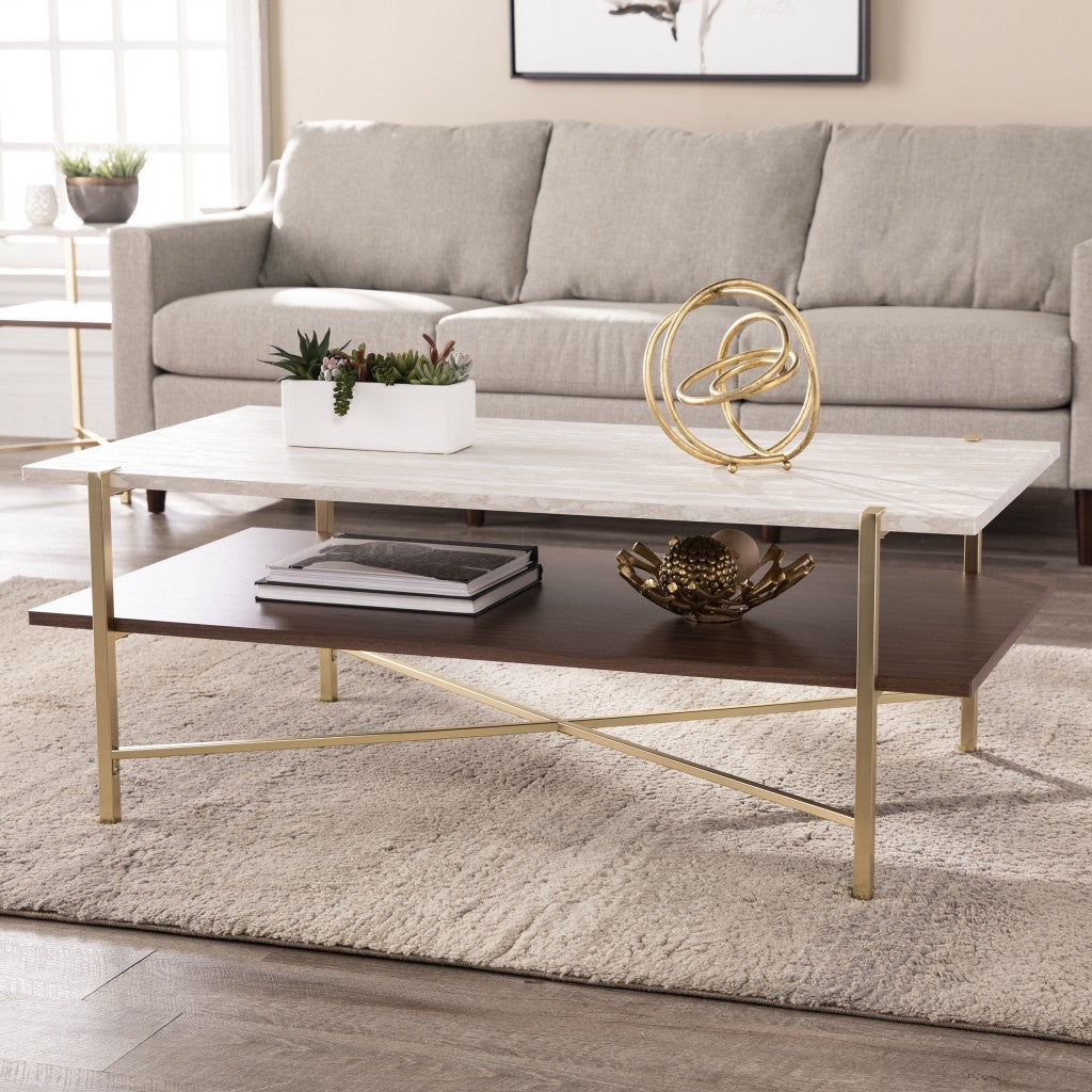47" Brass Manufactured Wood And Metal Rectangular Coffee Table
