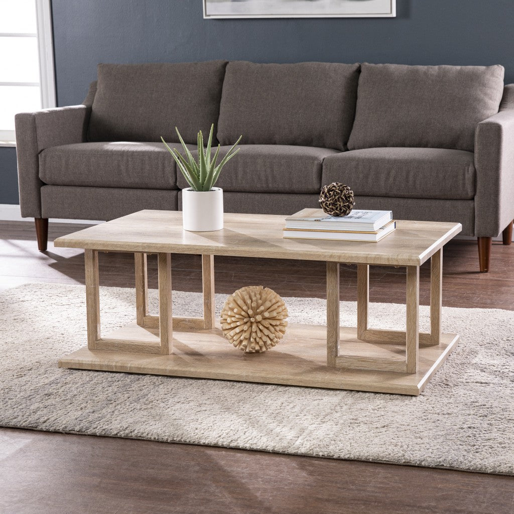 42" Natural Light Brown Wood Two Tier Rectangular Coffee Table