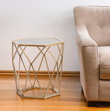 19" Gold And Reflective Glass Hexagon Mirrored End Table