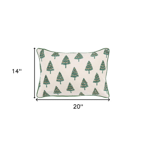 Ivory and Green Modern Christmas Tree Lumbar Throw Pillow