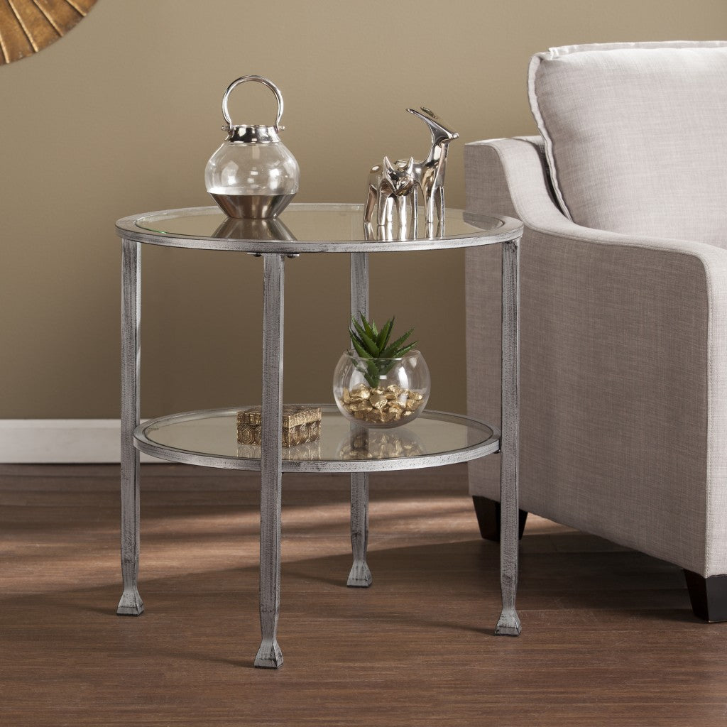 24" Silver Glass And Iron Round End Table