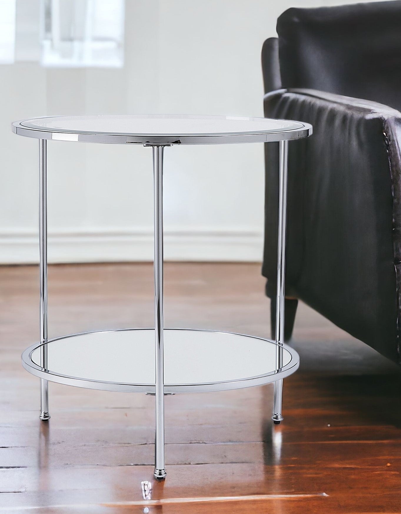 26" Chrome Glass And Iron Round Mirrored End Table With Shelf