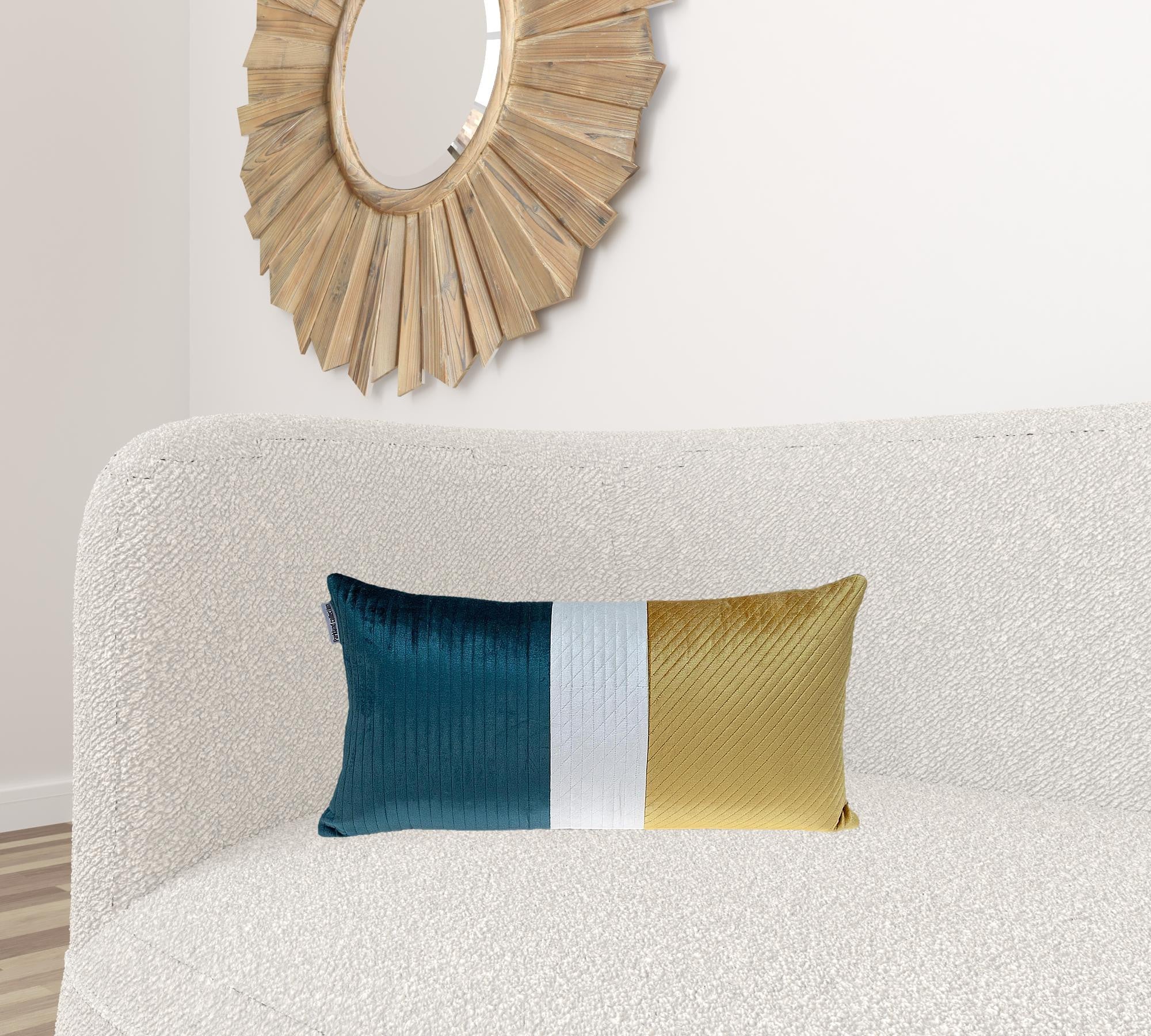 Sea Green and Yellow Quilted Colorblock Velvet Lumbar Throw Pillow