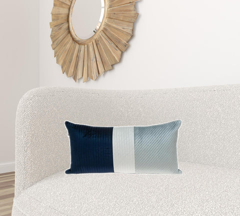 Navy Blue and Silver Quilted Colorblock Velvet Lumbar Throw Pillow