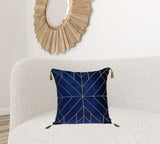 Blue and Gold Geo Velvet Throw Pillow with Gold Tassels