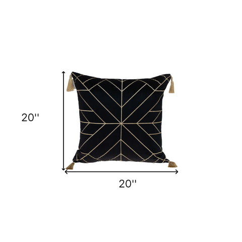 Black and Gold Geo Velvet Throw Pillow with Gold Tassels