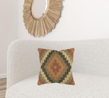 18" Brown and Green Geometric Jute Wool Blend Throw Pillow