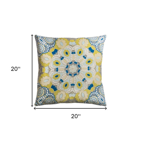 Yellow Teal Boho Medallion Down Throw Pillow