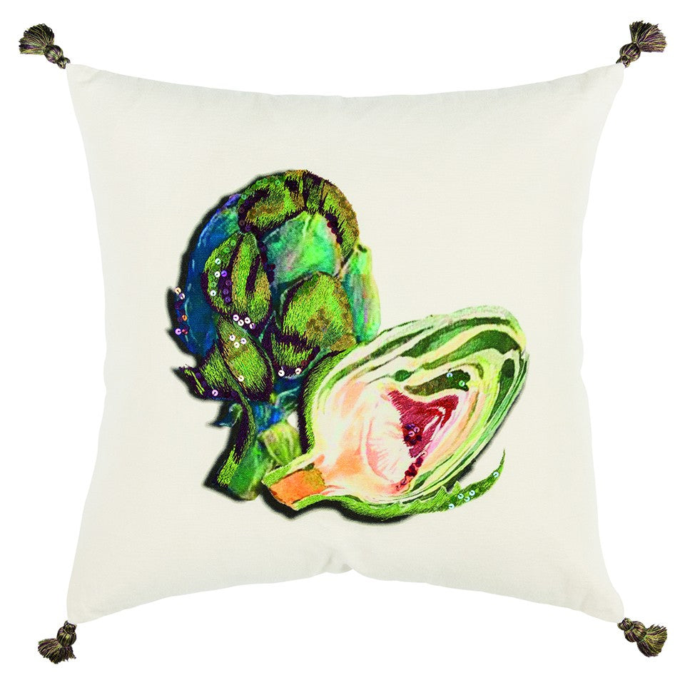 White Green Embroidered Artichoke Throw Pillow