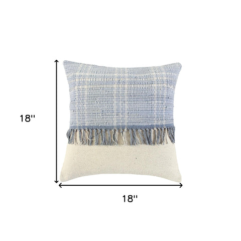 Ivory Blue Block Tasseled Throw Pillow