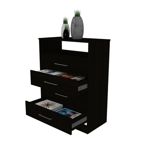 Modern Black Four Drawer Dresser with Hutch