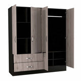 71" Light Oak and Black Four Door Wardrobe Closet with Mirrors