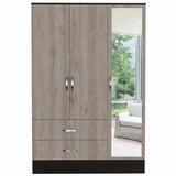 Light Oak and Black Three Door Wardrobe Closet with Mirror