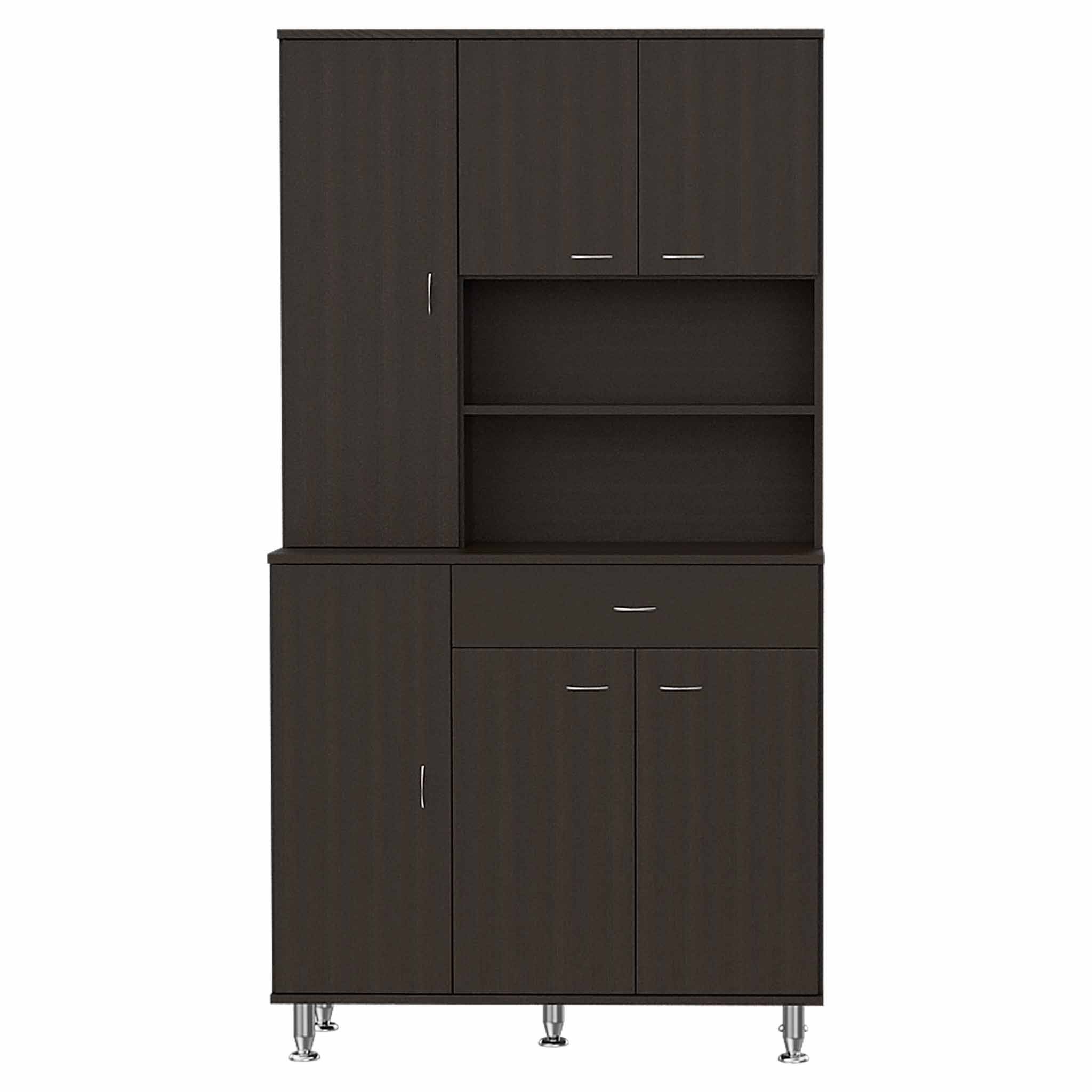 Modern Black Pantry Cabinet with Multiple Storage Shelves