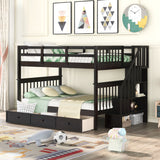 Brown Double Full Size Stairway Bunk Bed With Drawer