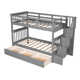 Gray Twin Over Twin Bunk Bed with Stairway and Drawers