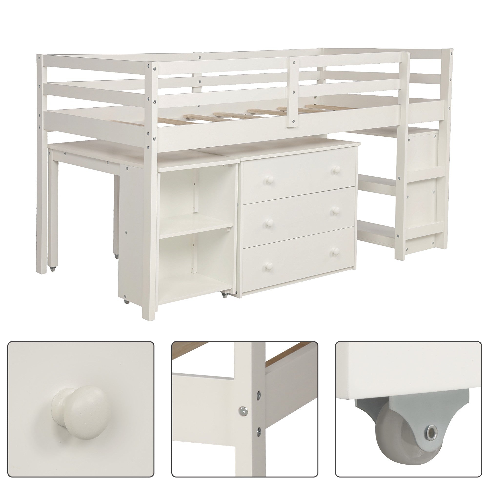 White Low Twin Loft Bed With Cabinet and Desk