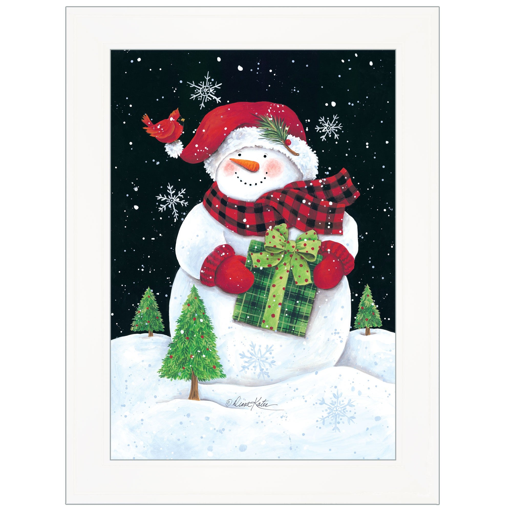 Plaid Stocking Hat Snowman White Framed Print Wall Art