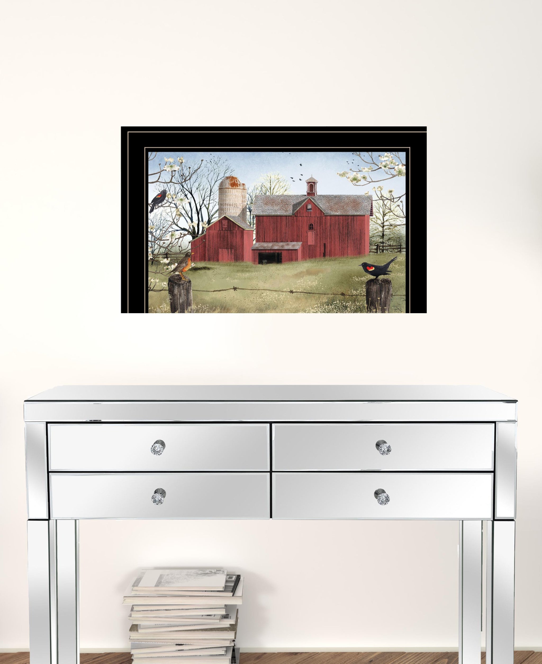 Rustic Red Barn and Birds Black Framed Print Wall Art