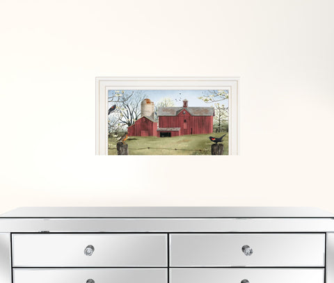 Rustic Red Barn and Birds White Framed Print Wall Art