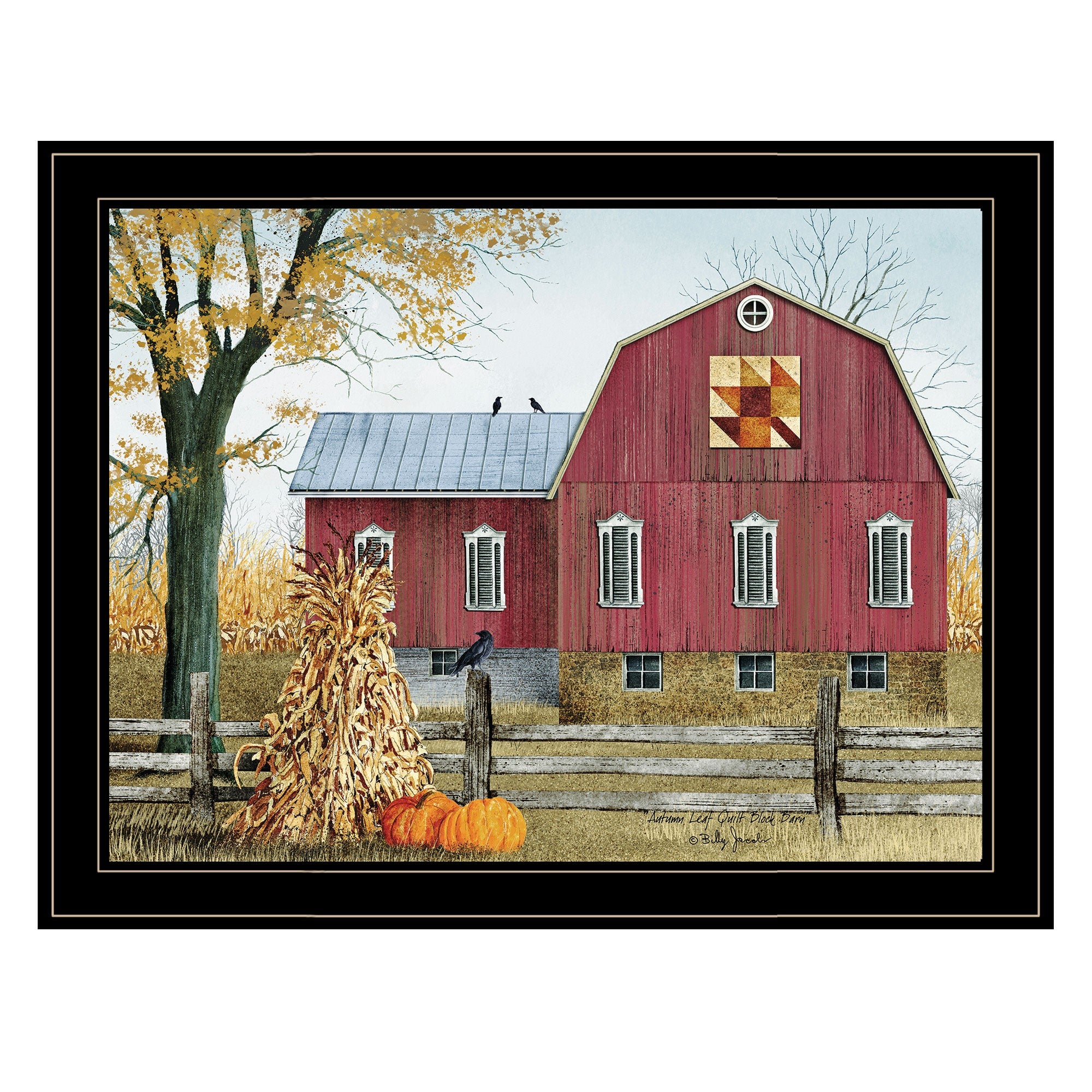 Autumn Leaf Quilt Block Barn 2 Black Framed Print Wall Art