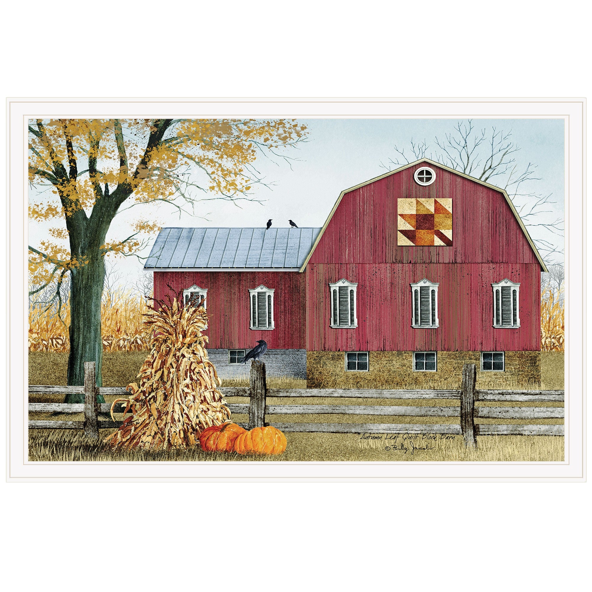 Autumn Leaf Quilt Block Barn 3 White Framed Print Wall Art