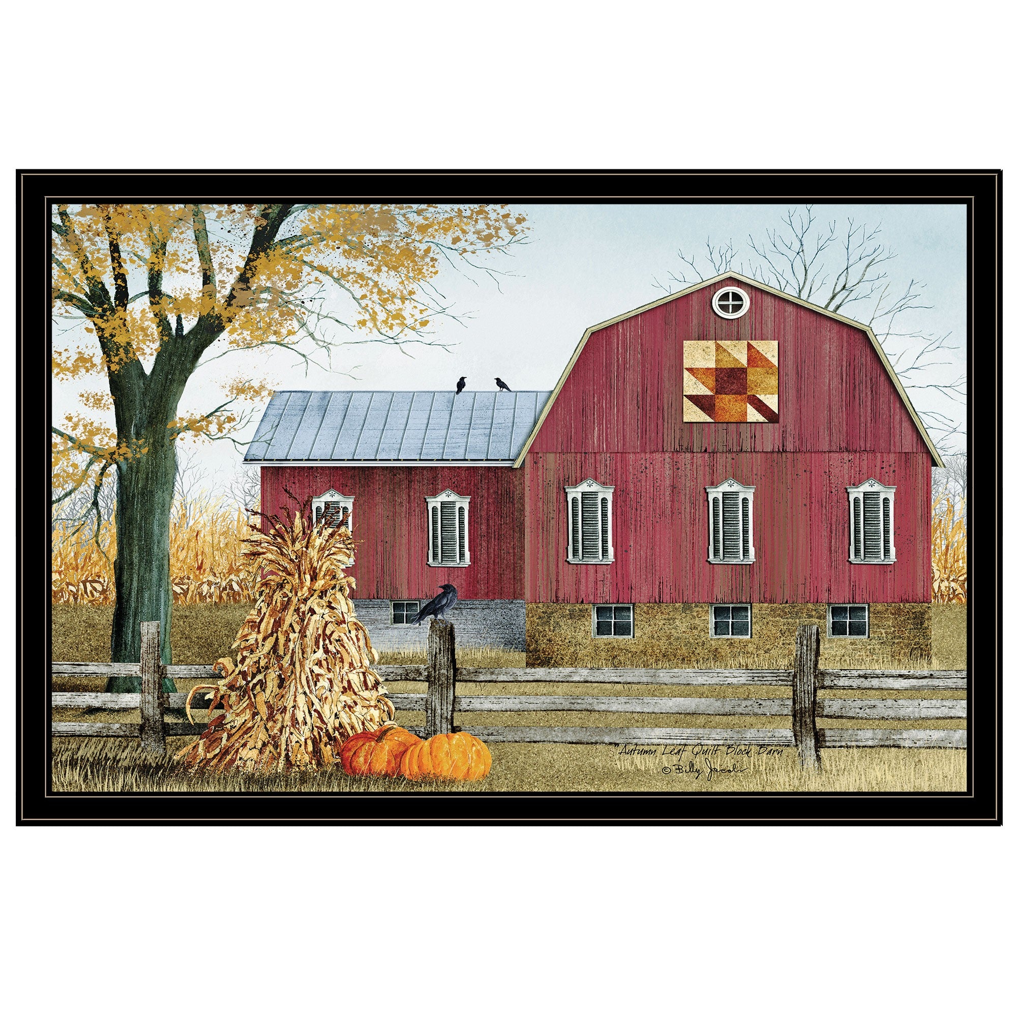 Autumn Leaf Quilt Block Barn 4 Black Framed Print Wall Art