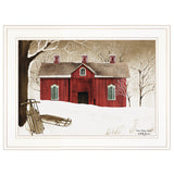 New Fallen Snow with Sleds and Red Barn White Framed Print Wall Art