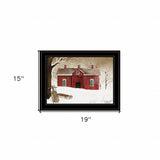 New Fallen Snow with Sleds and Red Barn Black Framed Print Wall Art