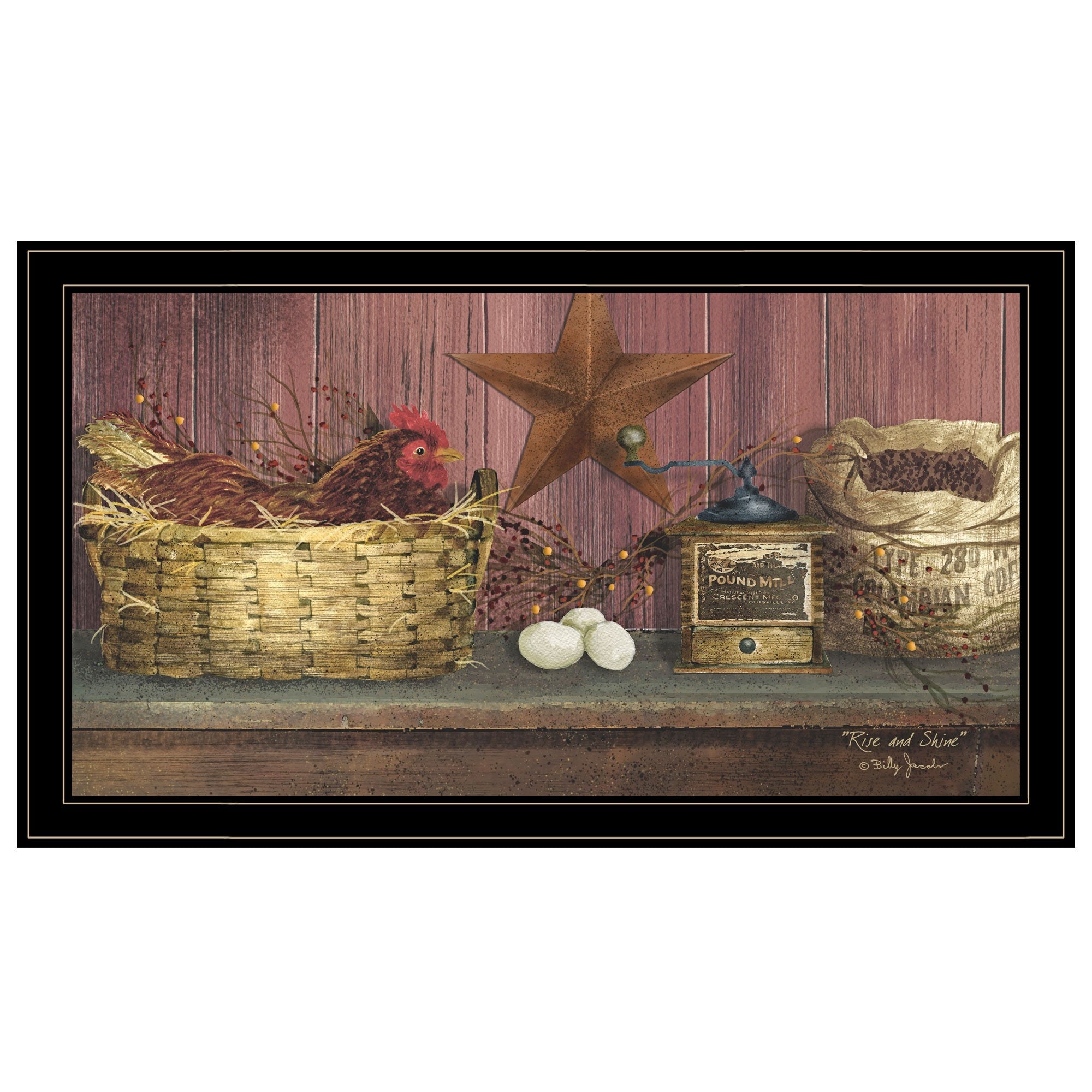 Rise and Shine Chicken and Eggs Black Framed Print Wall Art