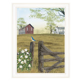 Blue Bird and Morning Glories on the Farm White Framed Print Wall Art