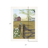 Blue Bird and Morning Glories on the Farm White Framed Print Wall Art