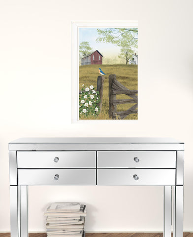 Blue Bird and Morning Glories on the Farm White Framed Print Wall Art